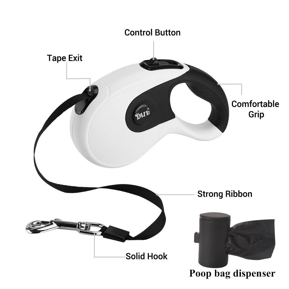 5M Retractable Dog Leash with built-in poop bag dispenser, suitable for all dog sizes, available in four colors.