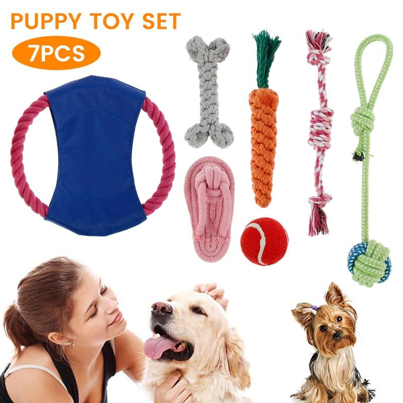7 Pcs Interactive Dog Toy Kit featuring cotton rope balls and flying discs for dogs of all sizes.