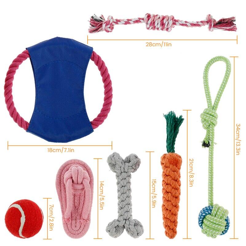 7 Pcs Interactive Dog Toy Kit featuring cotton rope balls and flying discs for dogs of all sizes.