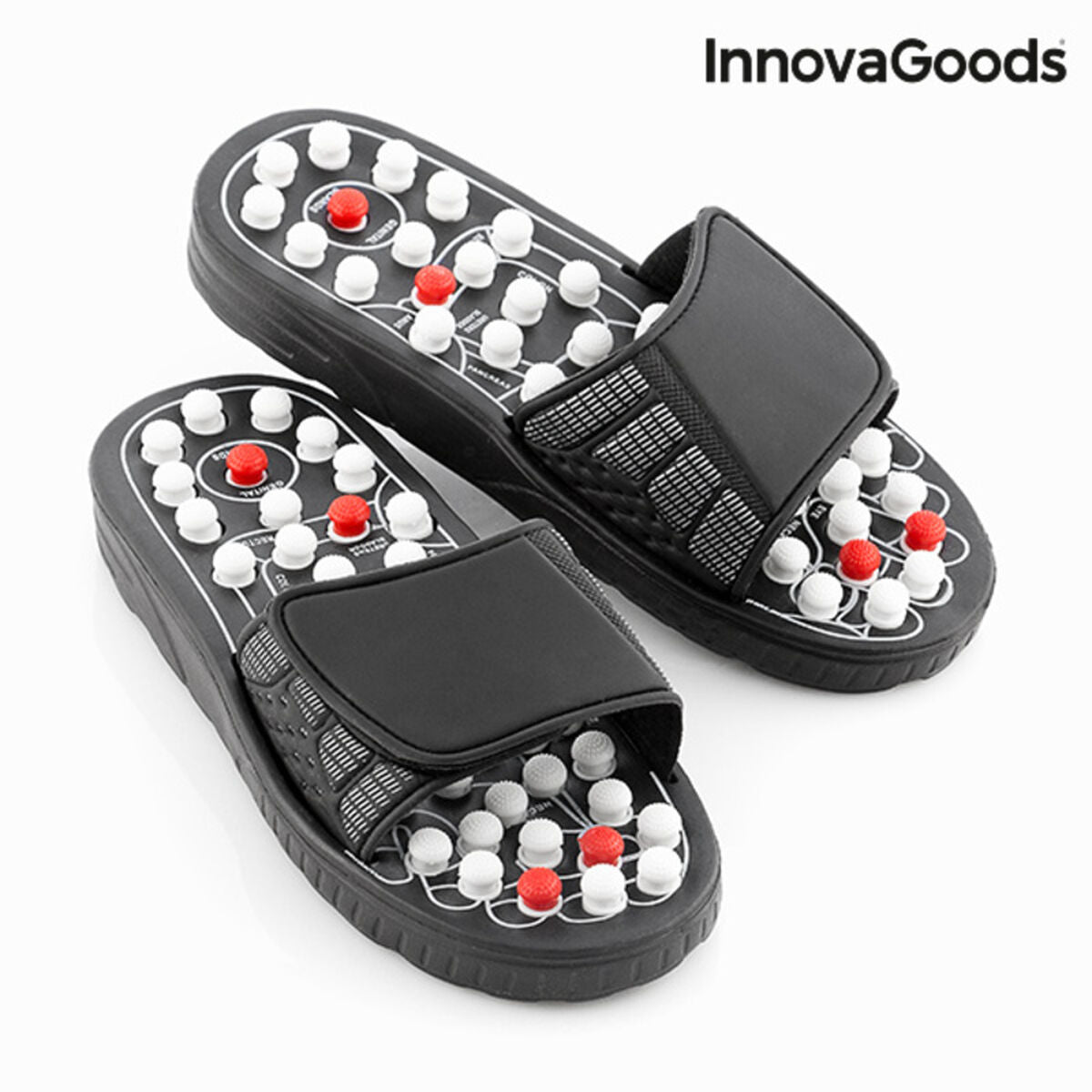 Acupuncture Massage Slippers Slicu InnovaGoods in black, white, and red colors, showcasing ergonomic design and adjustable Velcro fastening.