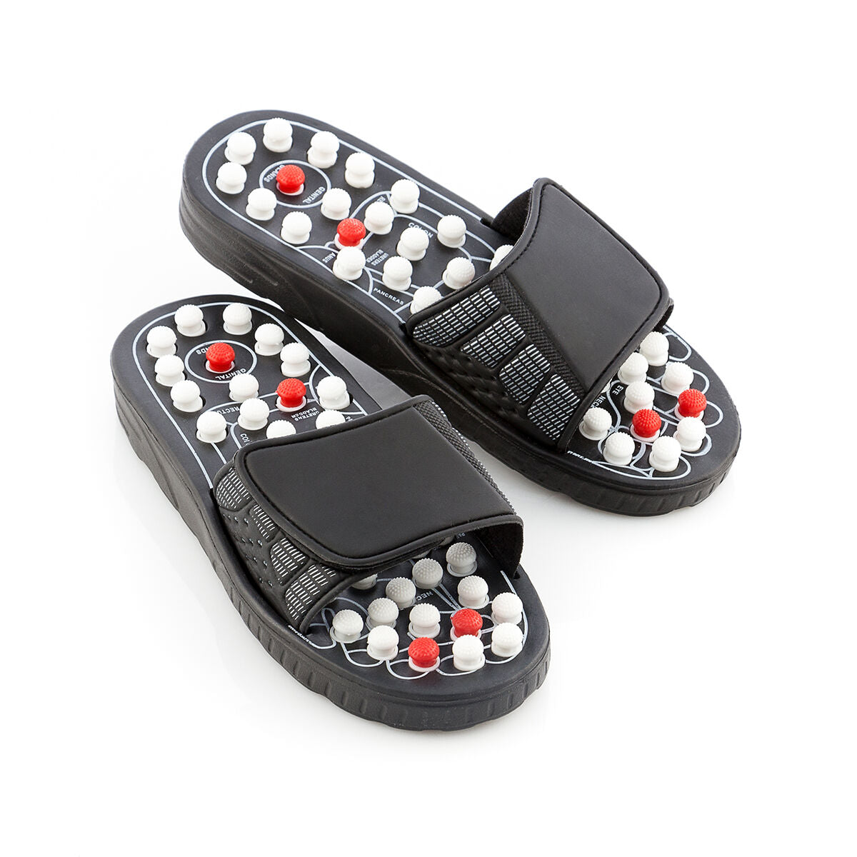 Acupuncture Massage Slippers Slicu InnovaGoods in black, white, and red colors, showcasing ergonomic design and adjustable Velcro fastening.
