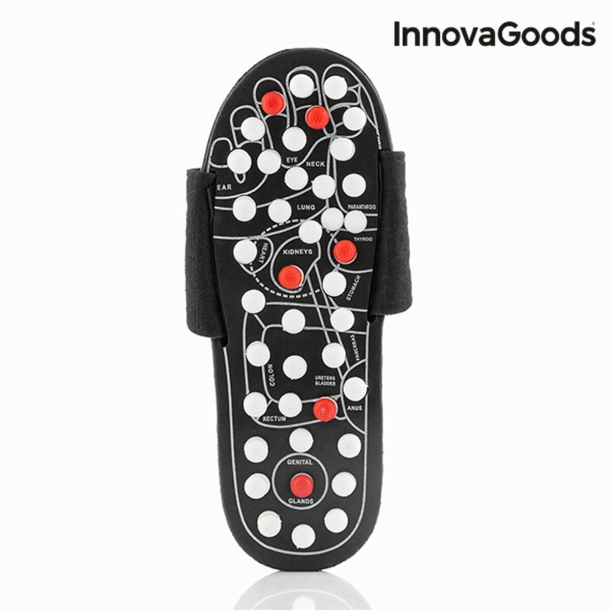 Acupuncture Massage Slippers Slicu InnovaGoods in black, white, and red colors, showcasing ergonomic design and adjustable Velcro fastening.
