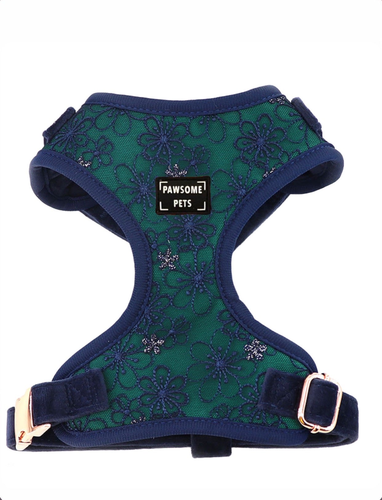 Aquamarine adjustable harness for dogs and cats, featuring breathable mesh fabric and fully adjustable straps for a comfortable fit.
