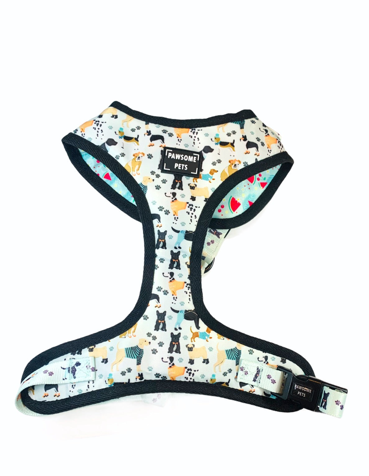 Dapper Doggy Adjustable Harness in vibrant colors, showcasing its soft neoprene material and breathable mesh padding, designed for comfort and style.