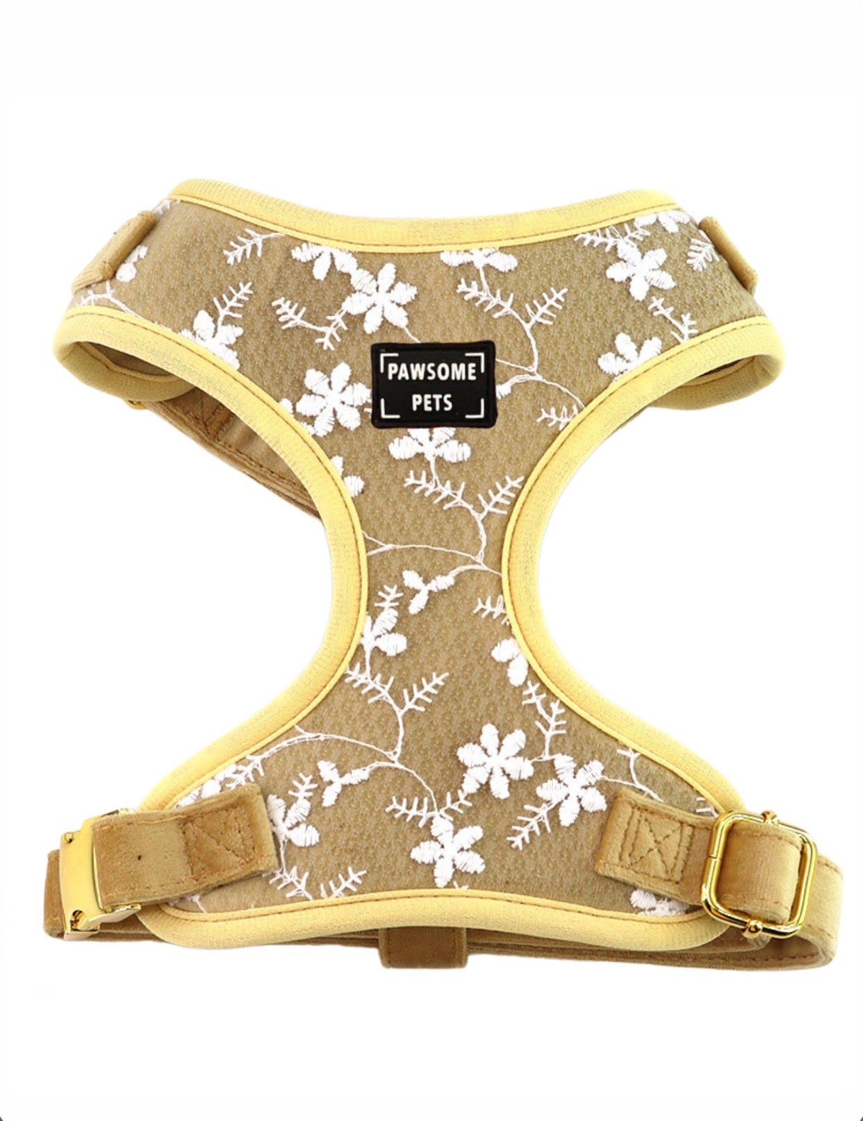 Adjustable harness for pets featuring a golden floral design, suitable for dogs and cats, made from neoprene with breathable mesh.