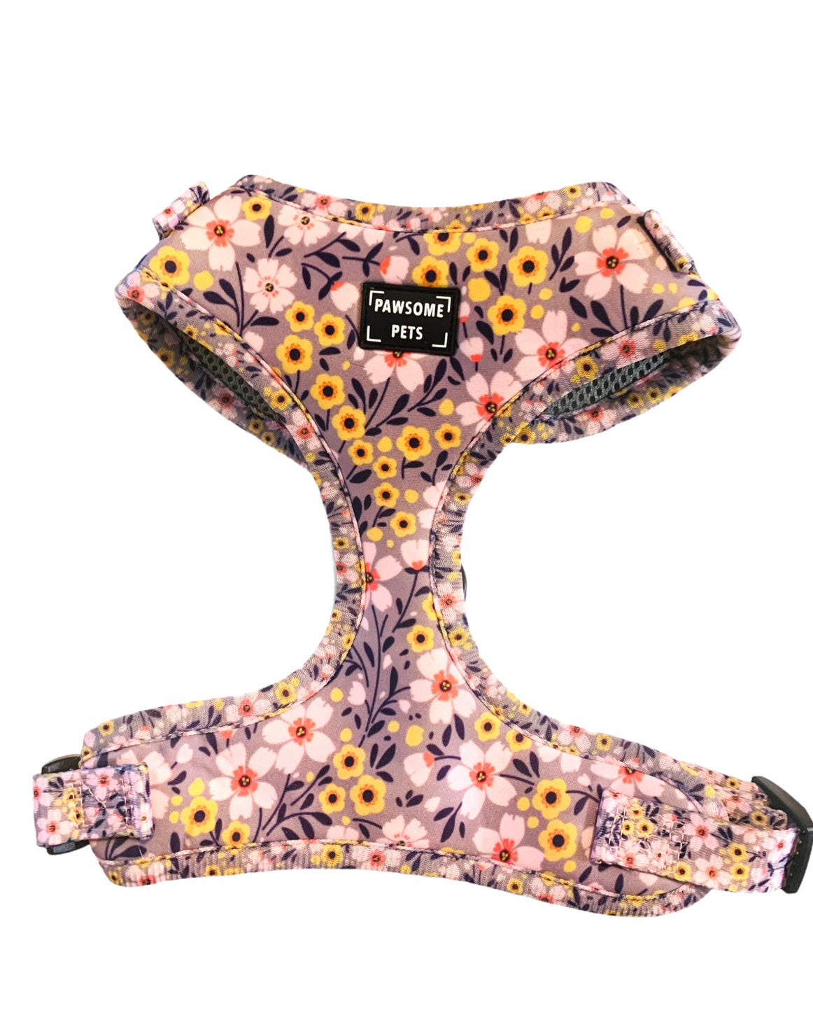Adjustable floral harness for dogs and cats, featuring breathable mesh and neoprene material.