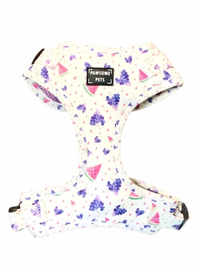 Adjustable harness for pets in watermelon grape design, featuring adjustable straps and breathable mesh padding for comfort.