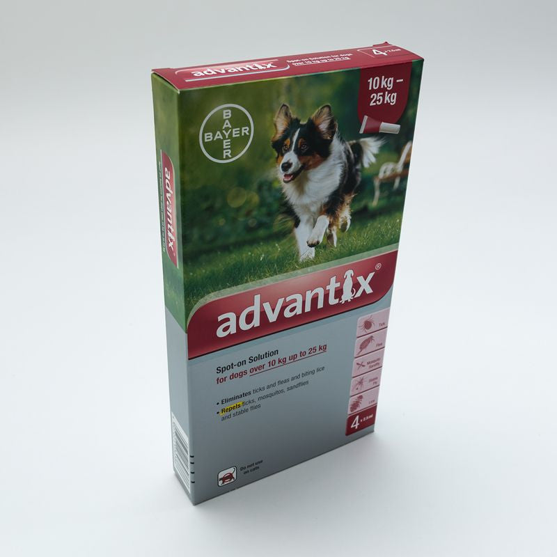 Advantix Spot-on Solution for Large Dogs, 4 pipettes in a pack, designed for dogs weighing 22-55lbs, effective against fleas, ticks, and more.