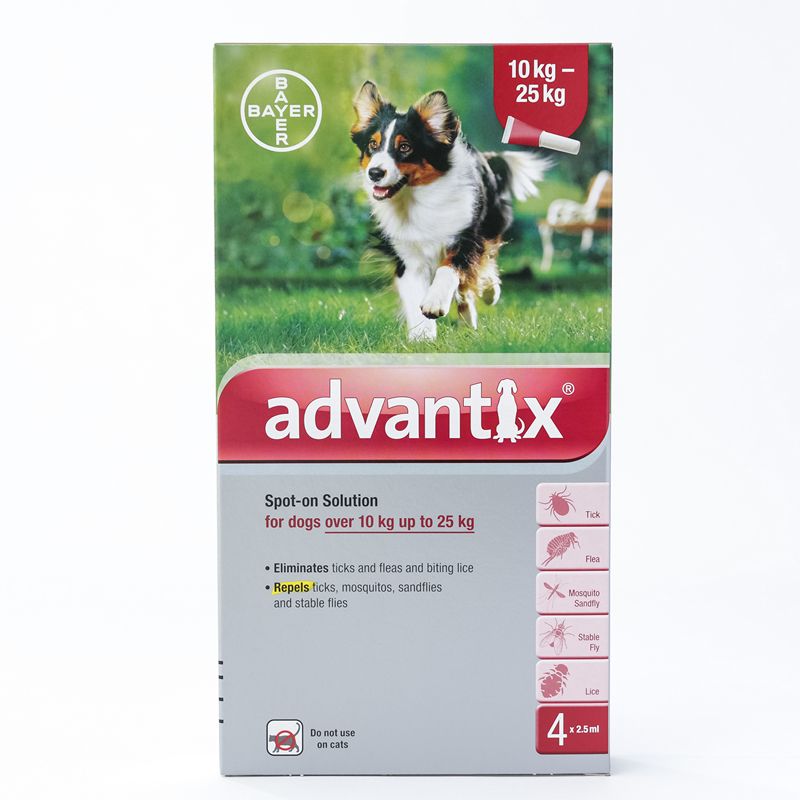 Advantix Spot-on Solution for Large Dogs, 4 pipettes in a pack, designed for dogs weighing 22-55lbs, effective against fleas, ticks, and more.