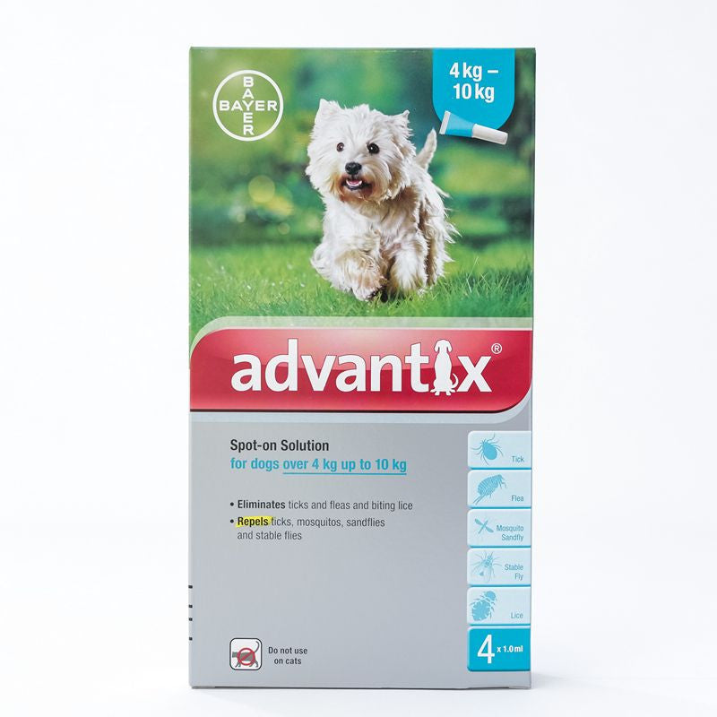Advantix Spot-on Solution for Medium Dogs, 4 pipettes in a pack, designed for dogs weighing 4-10kg, effective against fleas, ticks, and more.