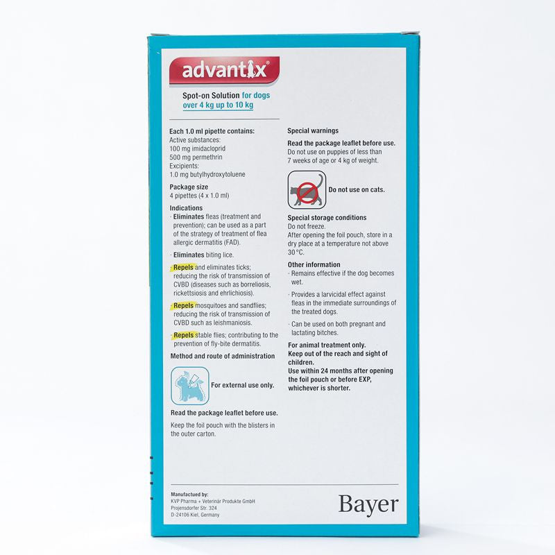 Advantix Spot-on Solution for Medium Dogs, 4 pipettes in a pack, designed for dogs weighing 4-10kg, effective against fleas, ticks, and more.