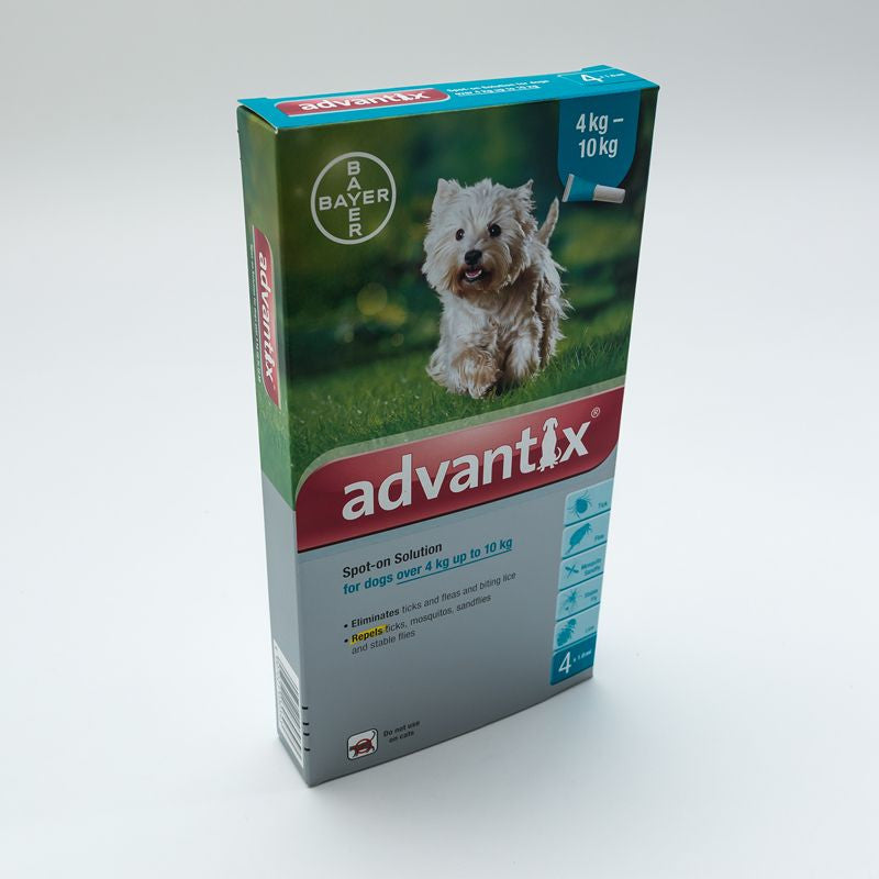 Advantix Spot-on Solution for Medium Dogs, 4 pipettes in a pack, designed for dogs weighing 4-10kg, effective against fleas, ticks, and more.