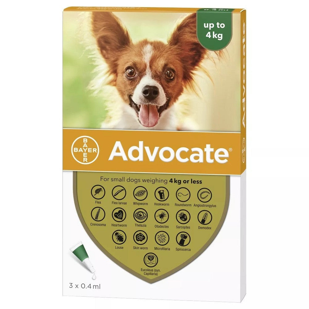 Advocate Small Dogs under 4kg 3 Pack, a topical flea and parasite treatment for small dogs, displayed in its packaging.