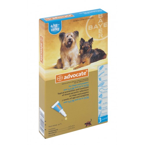 Advocate Small Dogs under 4kg 3 Pack, a topical flea and parasite treatment for small dogs, displayed in its packaging.