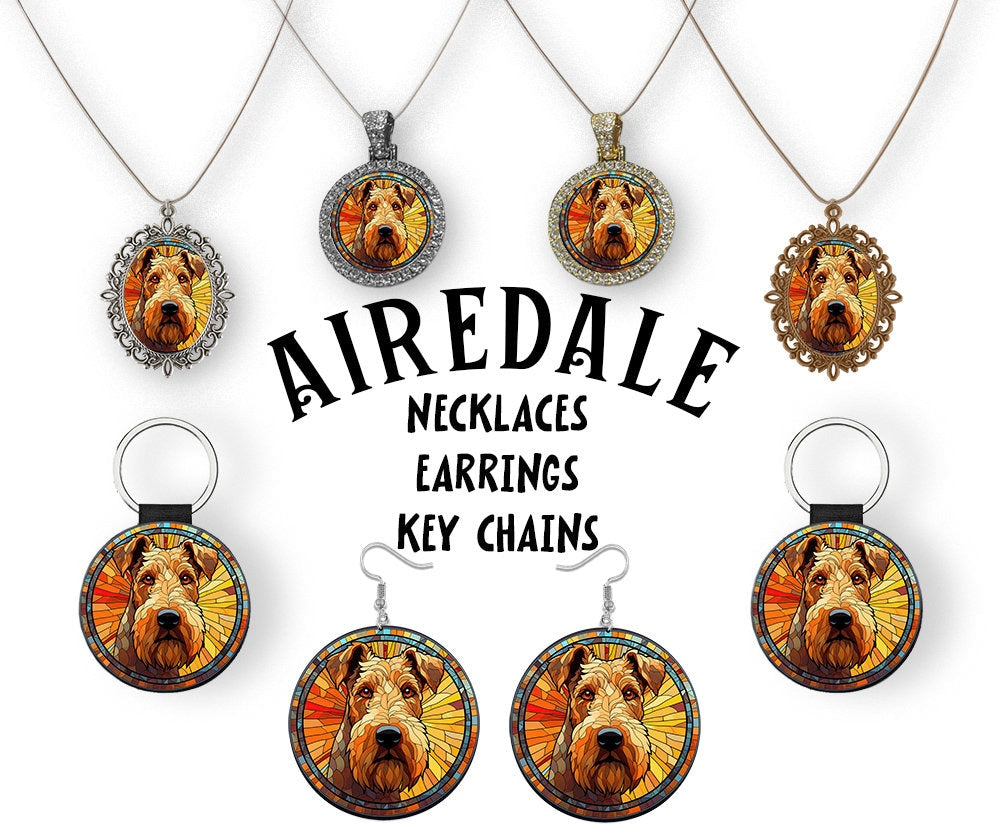 Airedale Terrier stained glass style jewelry including necklaces and earrings in silver and gold finishes.