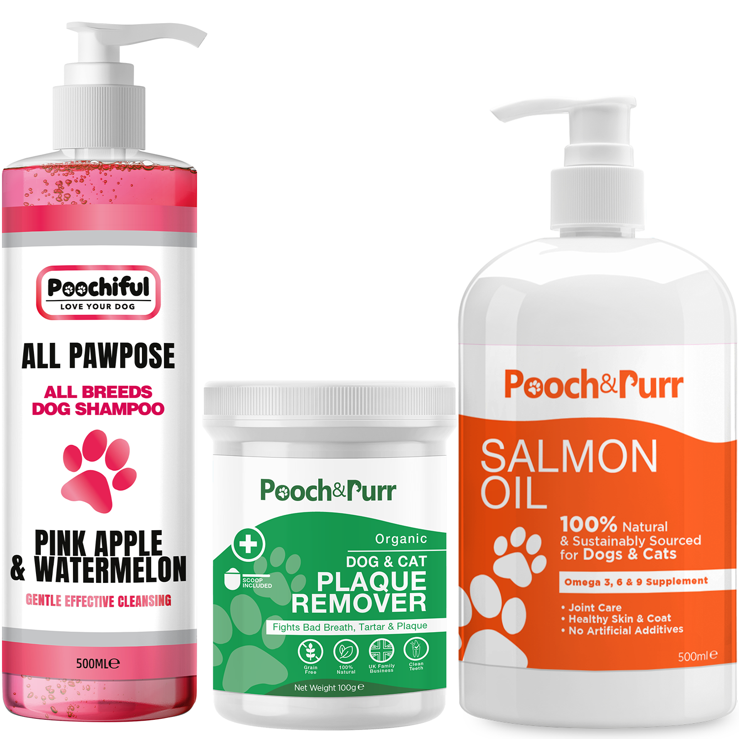 All Pawpose 500ml shampoo, Pooch And Purr 500ml salmon oil, and Plaque Powder bundle for dog grooming and health.