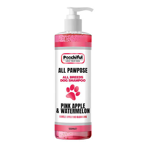 500ml bottle of All Pawpose Dog Shampoo in Pink Apple scent, featuring a sleek design and vibrant colors, ideal for all dog breeds.