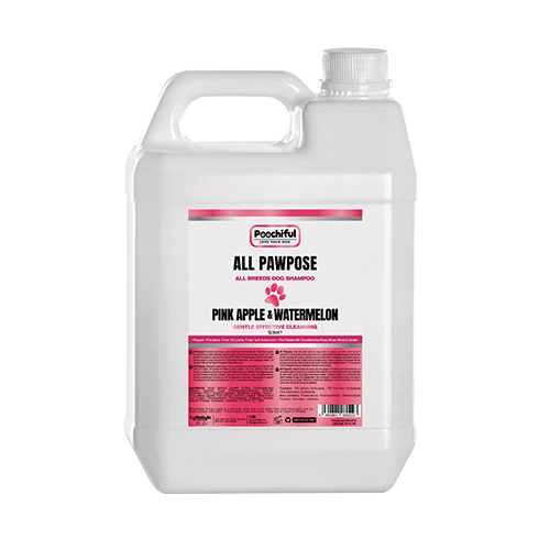 5L bottle of All Pawpose Dog Shampoo in Pink Apple scent, designed for multiple dogs and groomers, featuring a vibrant pink label.