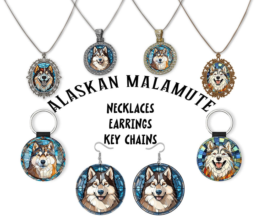 Stained glass style necklace featuring an Alaskan Malamute design, showcasing vibrant colors and intricate details on a silver or gold chain.