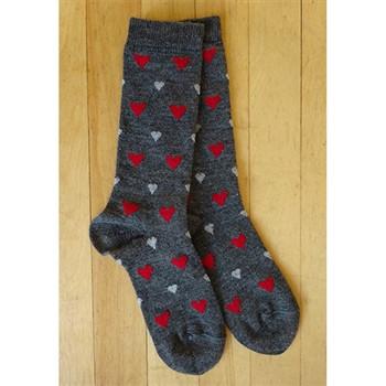 Cozy Alpaca Heart Socks in graphite grey with red and light grey heart patterns, showcasing their soft texture and unisex design.