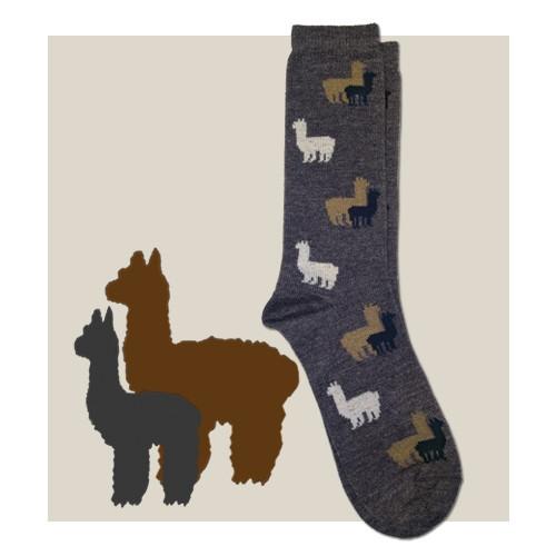 A pair of kids' Alpaca Herd Fun Socks featuring cute alpacas on a graphite grey background, made from a soft blend of baby alpaca and bamboo.