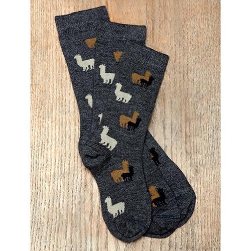 A pair of kids' Alpaca Herd Fun Socks featuring cute alpacas on a graphite grey background, made from a soft blend of baby alpaca and bamboo.