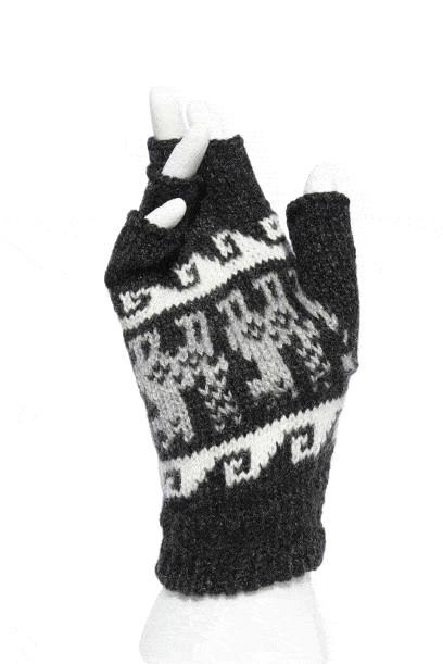 A pair of stylish Alpaca Inca Patterned Fingerless Gloves featuring bold Inca designs, made from soft alpaca blend fabric.