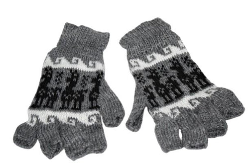 A pair of stylish Alpaca Inca Patterned Fingerless Gloves featuring bold Inca designs, made from soft alpaca blend fabric.