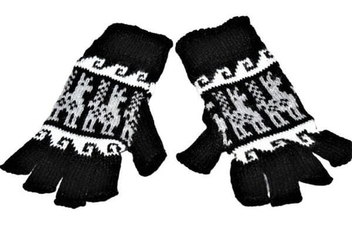 A pair of stylish Alpaca Inca Patterned Fingerless Gloves featuring bold Inca designs, made from soft alpaca blend fabric.
