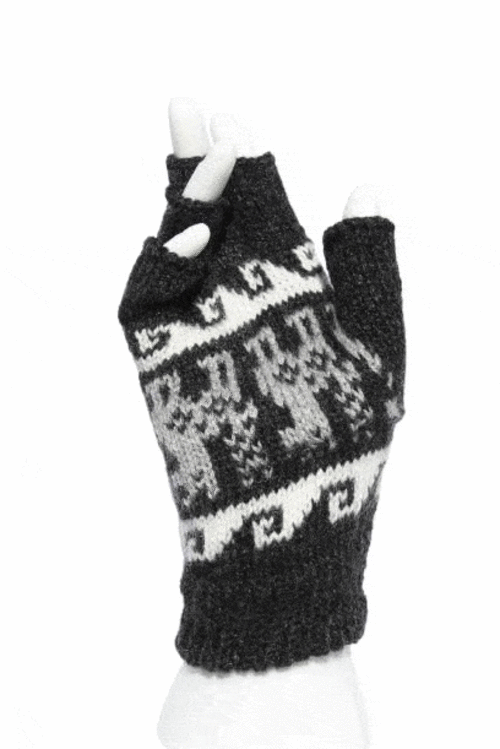 A pair of stylish Alpaca Inca Patterned Fingerless Gloves featuring bold Inca designs, made from soft alpaca blend fabric.