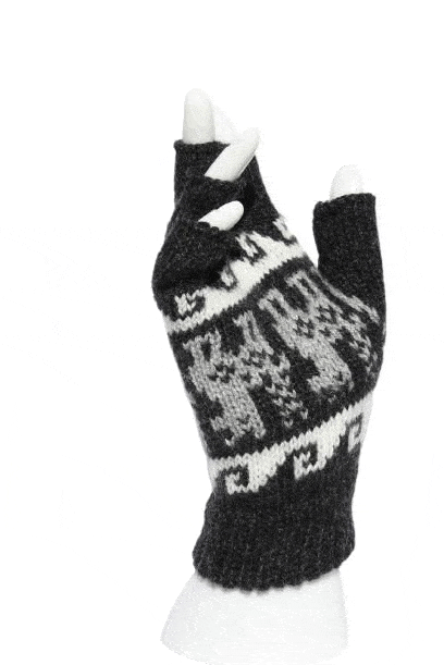 A pair of stylish Alpaca Inca Patterned Fingerless Gloves featuring bold Inca designs, made from soft alpaca blend fabric.