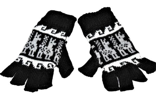 A pair of stylish Alpaca Inca Patterned Fingerless Gloves featuring bold Inca designs, made from soft alpaca blend fabric.