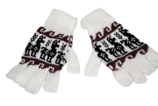 A pair of stylish Alpaca Inca Patterned Fingerless Gloves featuring bold Inca designs, made from soft alpaca blend fabric.