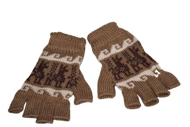 A pair of stylish Alpaca Inca Patterned Fingerless Gloves featuring bold Inca designs, made from soft alpaca blend fabric.