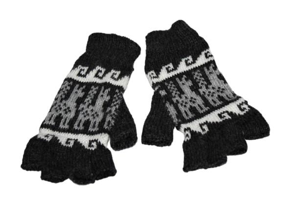 A pair of stylish Alpaca Inca Patterned Fingerless Gloves featuring bold Inca designs, made from soft alpaca blend fabric.