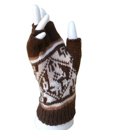 A pair of stylish Alpaca Inca Patterned Fingerless Gloves featuring bold Inca designs, made from soft alpaca blend fabric.