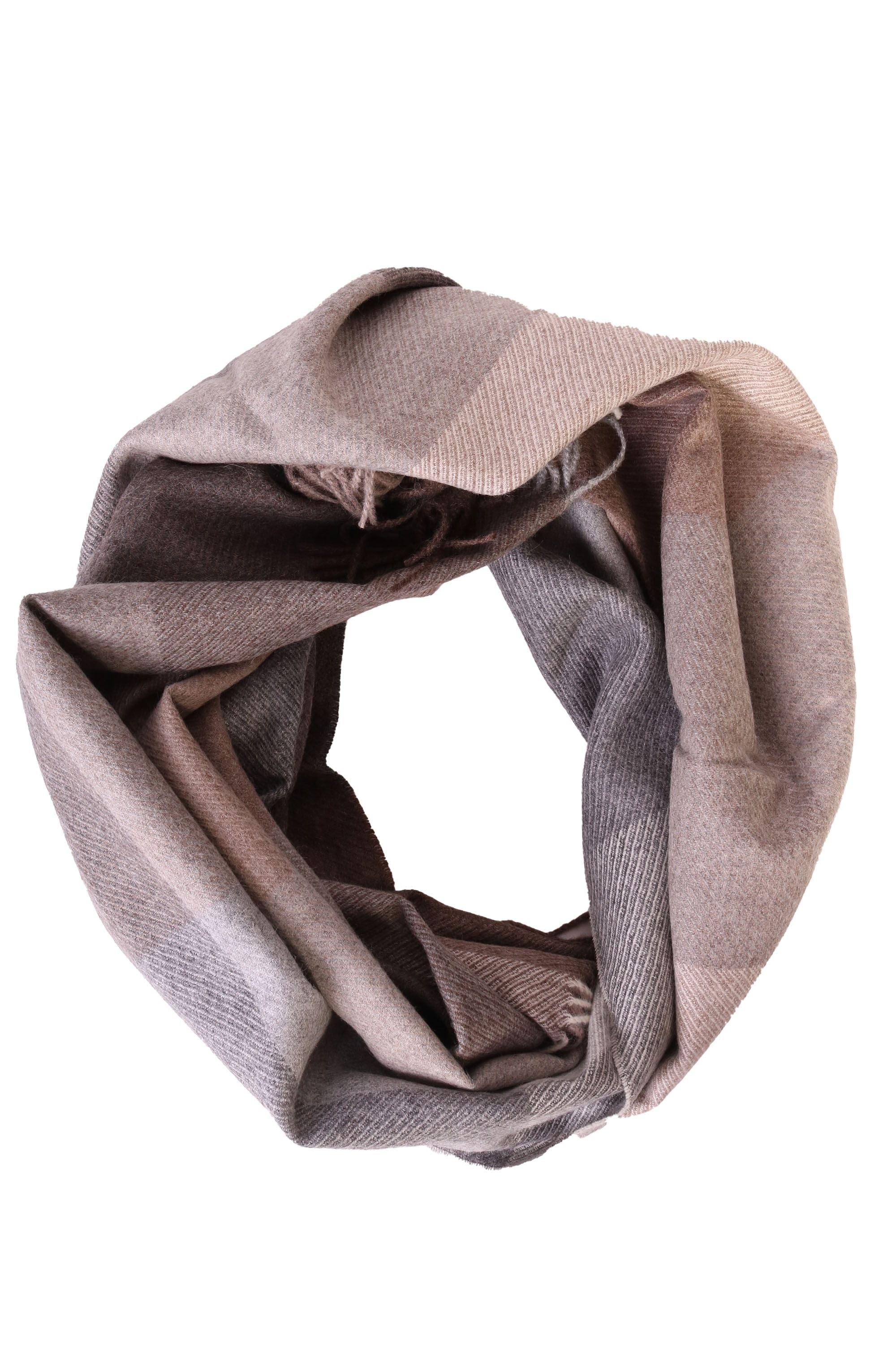 Luxurious beige-grey checked big scarf made from 100% alpaca wool, showcasing its soft texture and elegant design.
