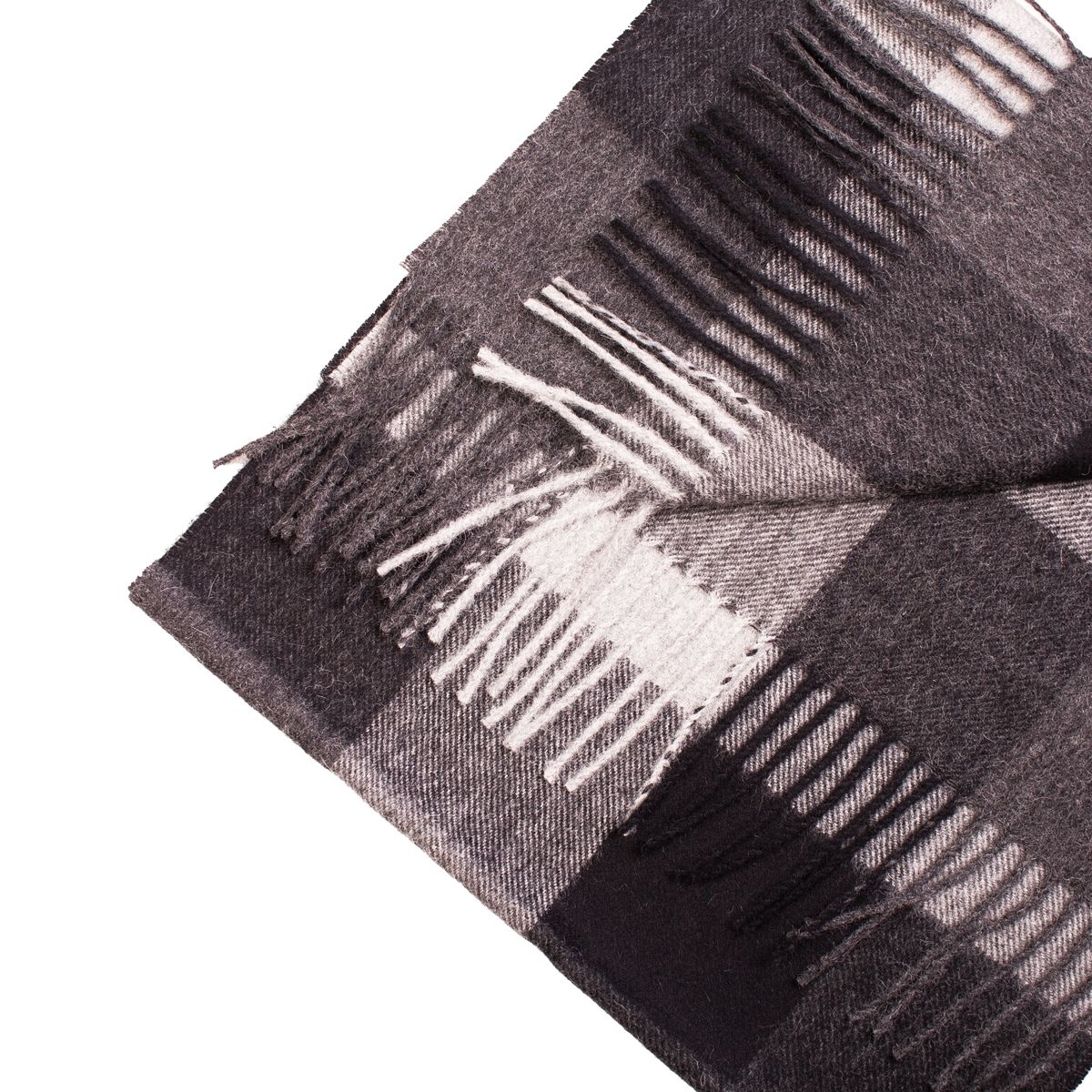 Luxurious black checked scarf made from 100% baby alpaca wool, showcasing its soft texture and stylish design.