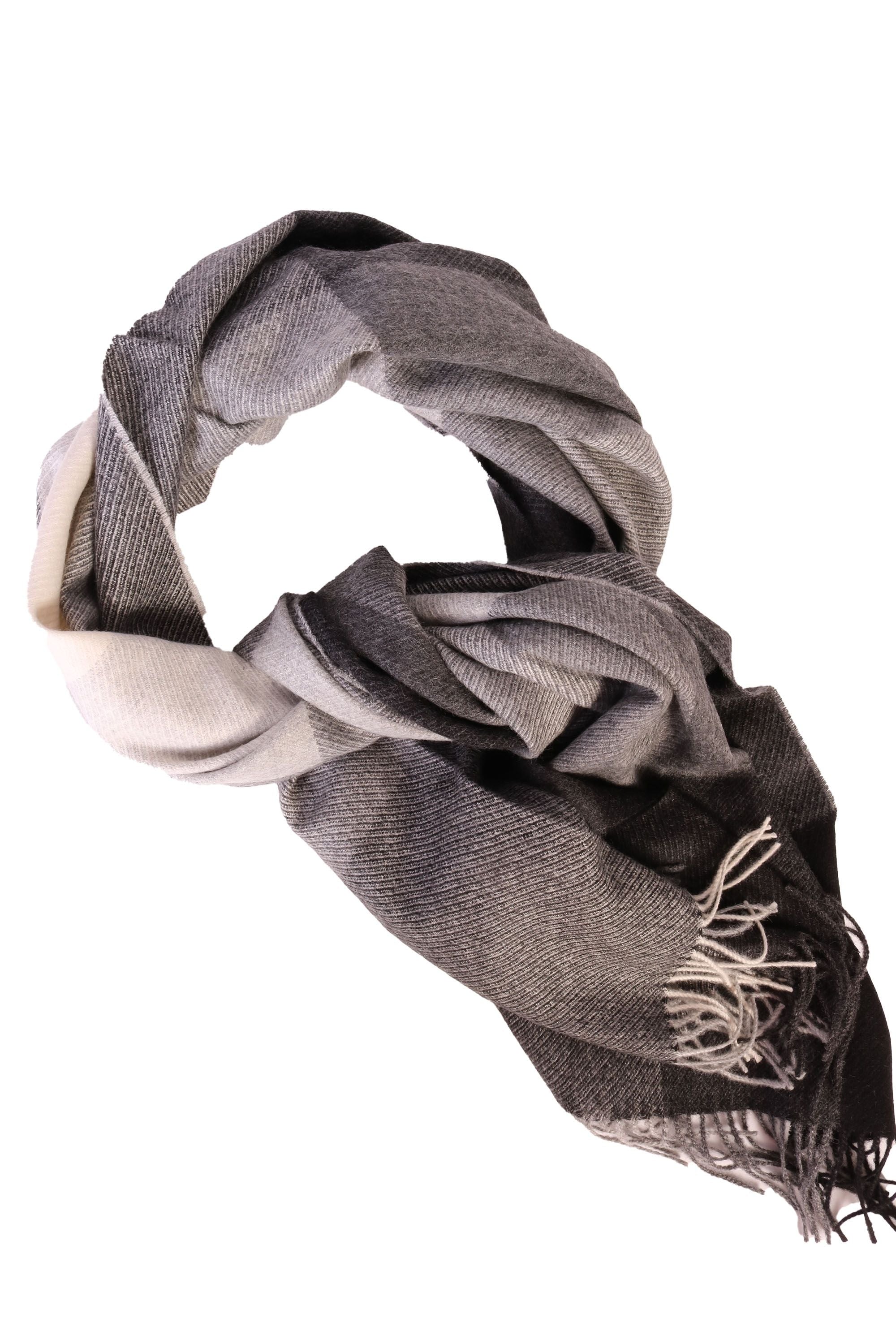 Luxurious black-gray checked big scarf made from 100% alpaca wool, showcasing its soft texture and elegant design.
