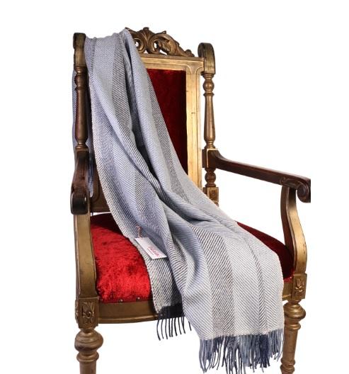 Luxurious blue herringbone patterned plaid made from 100% alpaca wool, showcasing intricate design and soft texture.