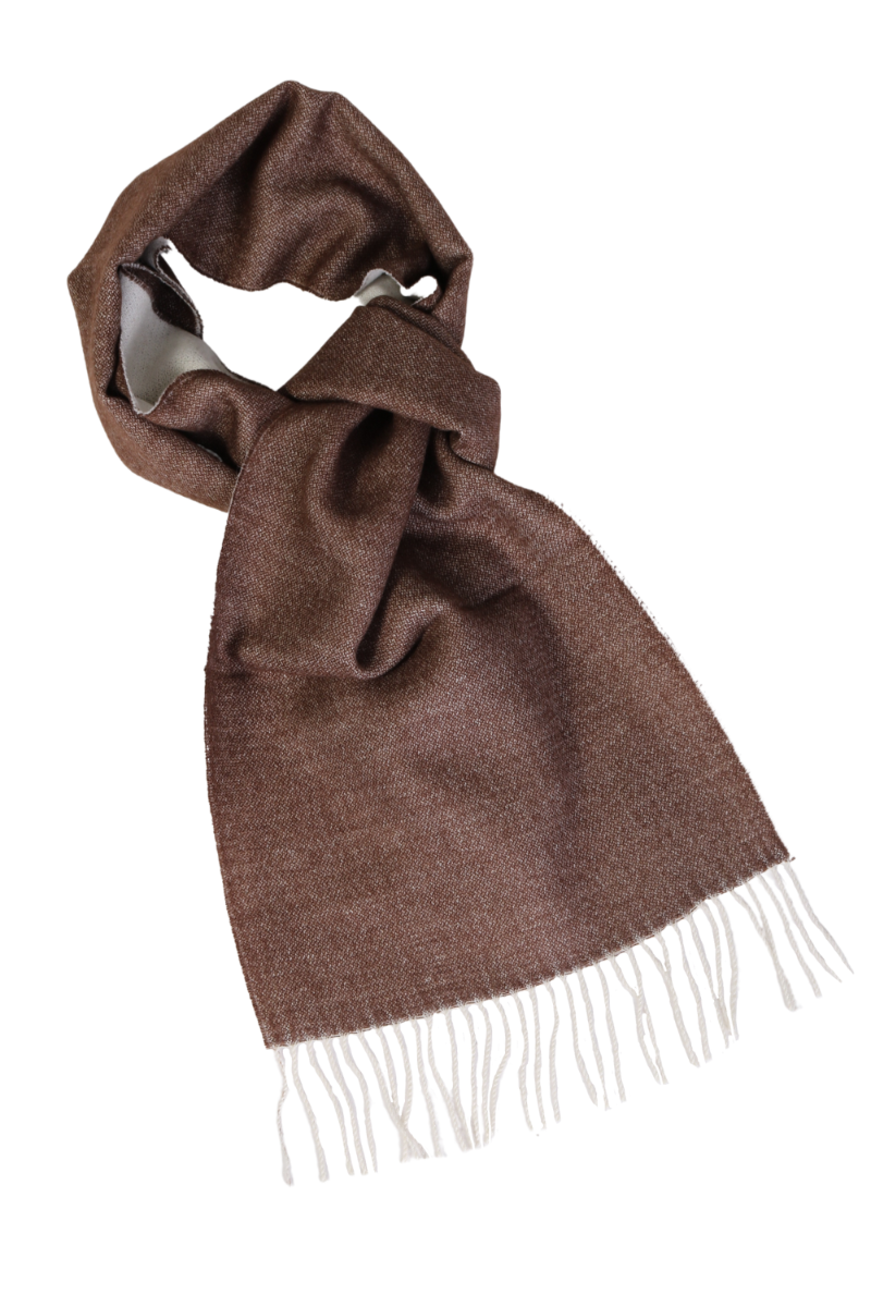 A luxurious brown double-sided scarf made from 100% baby alpaca wool, showcasing its soft texture and elegant design.