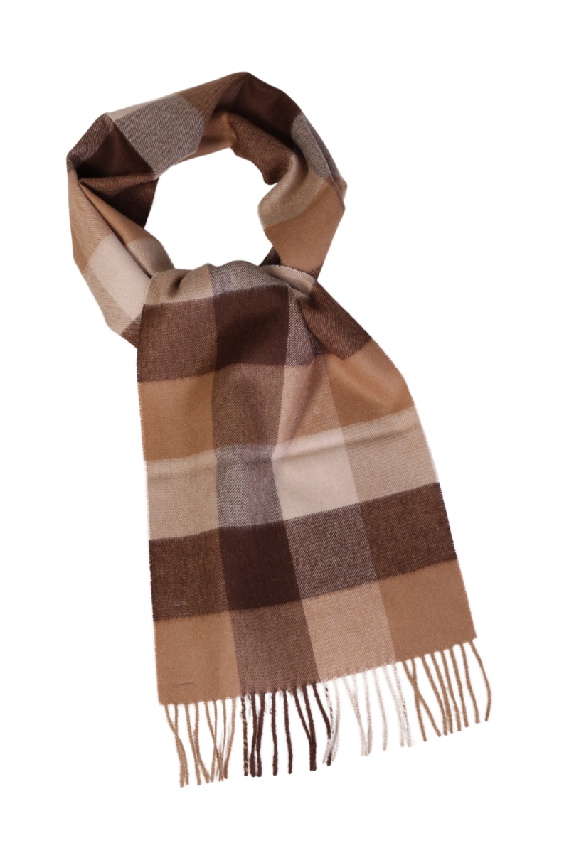 A luxurious brownish beige checkered scarf made from 100% baby alpaca wool, showcasing its soft texture and elegant design.