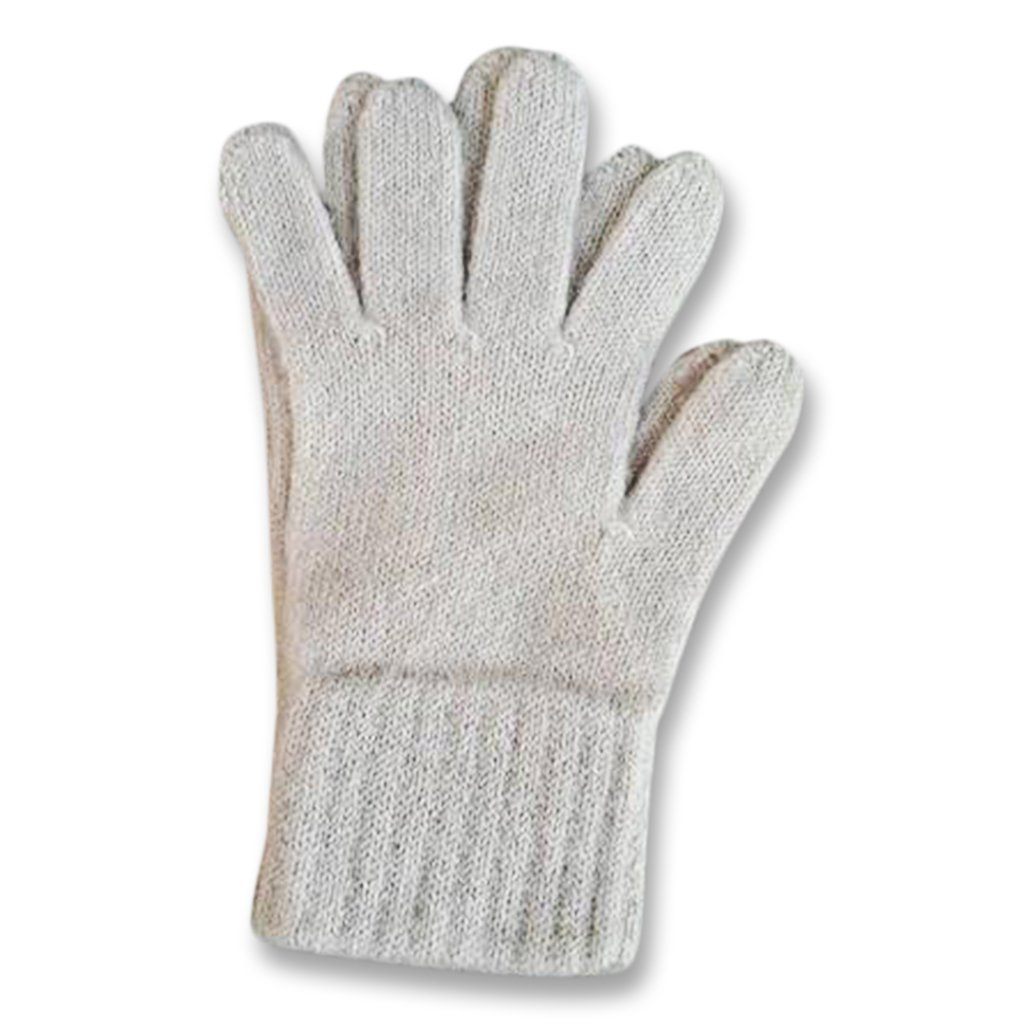 A pair of warm and durable Alpaca Work/Play Gloves in natural colors, showcasing their soft texture and unisex design.