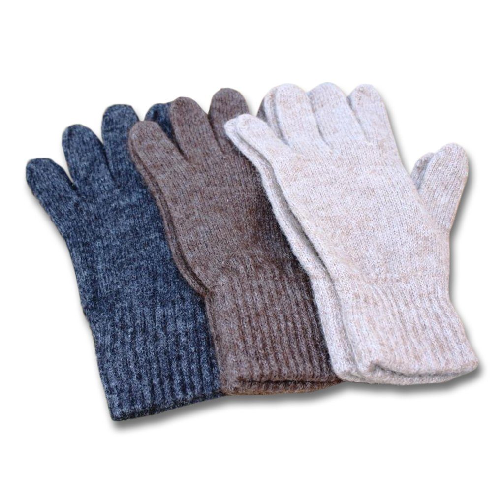 A pair of warm and durable Alpaca Work/Play Gloves in natural colors, showcasing their soft texture and unisex design.