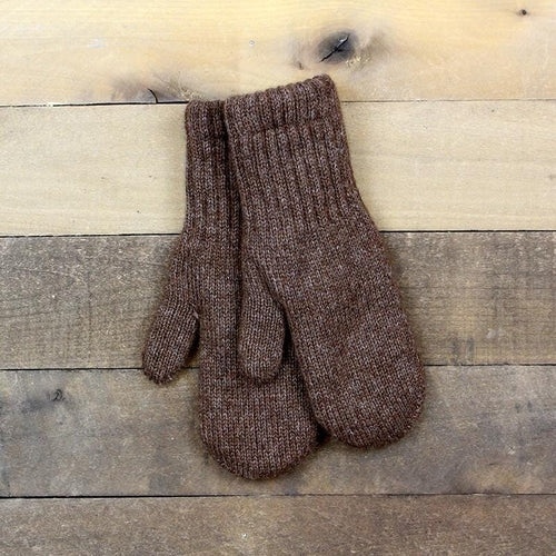 A pair of stylish Alpaca Work/Play mittens in Carhart Brown and Light Camel/Fawn, showcasing their soft texture and eco-friendly design.