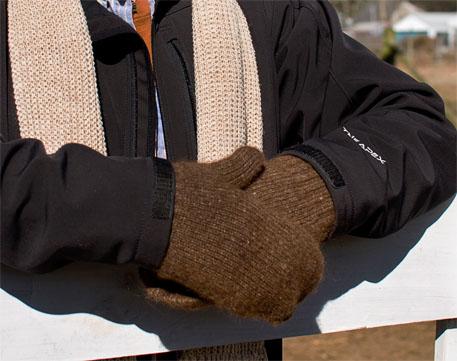 A pair of stylish Alpaca Work/Play mittens in Carhart Brown and Light Camel/Fawn, showcasing their soft texture and eco-friendly design.