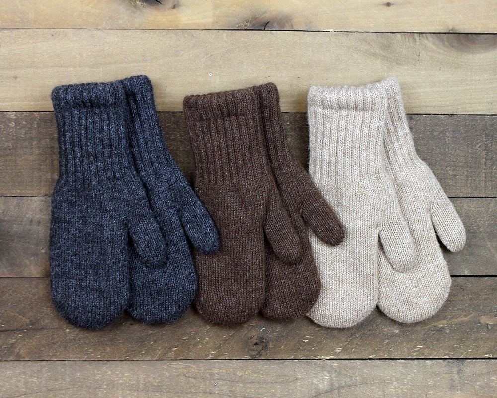 A pair of stylish Alpaca Work/Play mittens in Carhart Brown and Light Camel/Fawn, showcasing their soft texture and eco-friendly design.