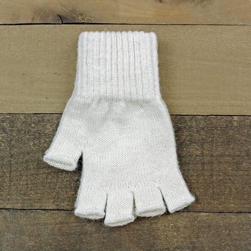 A pair of stylish fingerless alpaca gloves in natural colors, showcasing their soft texture and warm design, perfect for texting and outdoor activities.