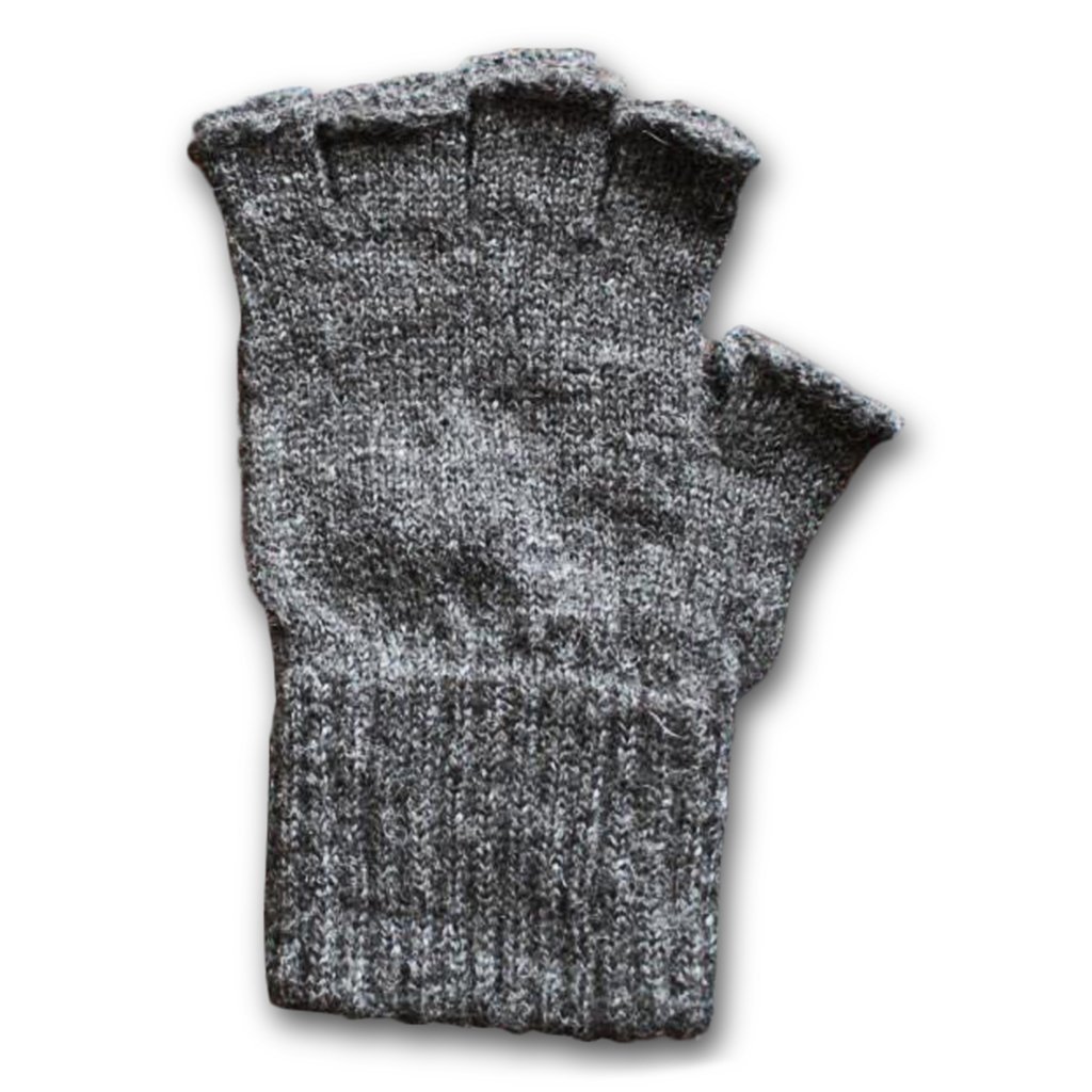 A pair of stylish fingerless alpaca gloves in natural colors, showcasing their soft texture and warm design, perfect for texting and outdoor activities.