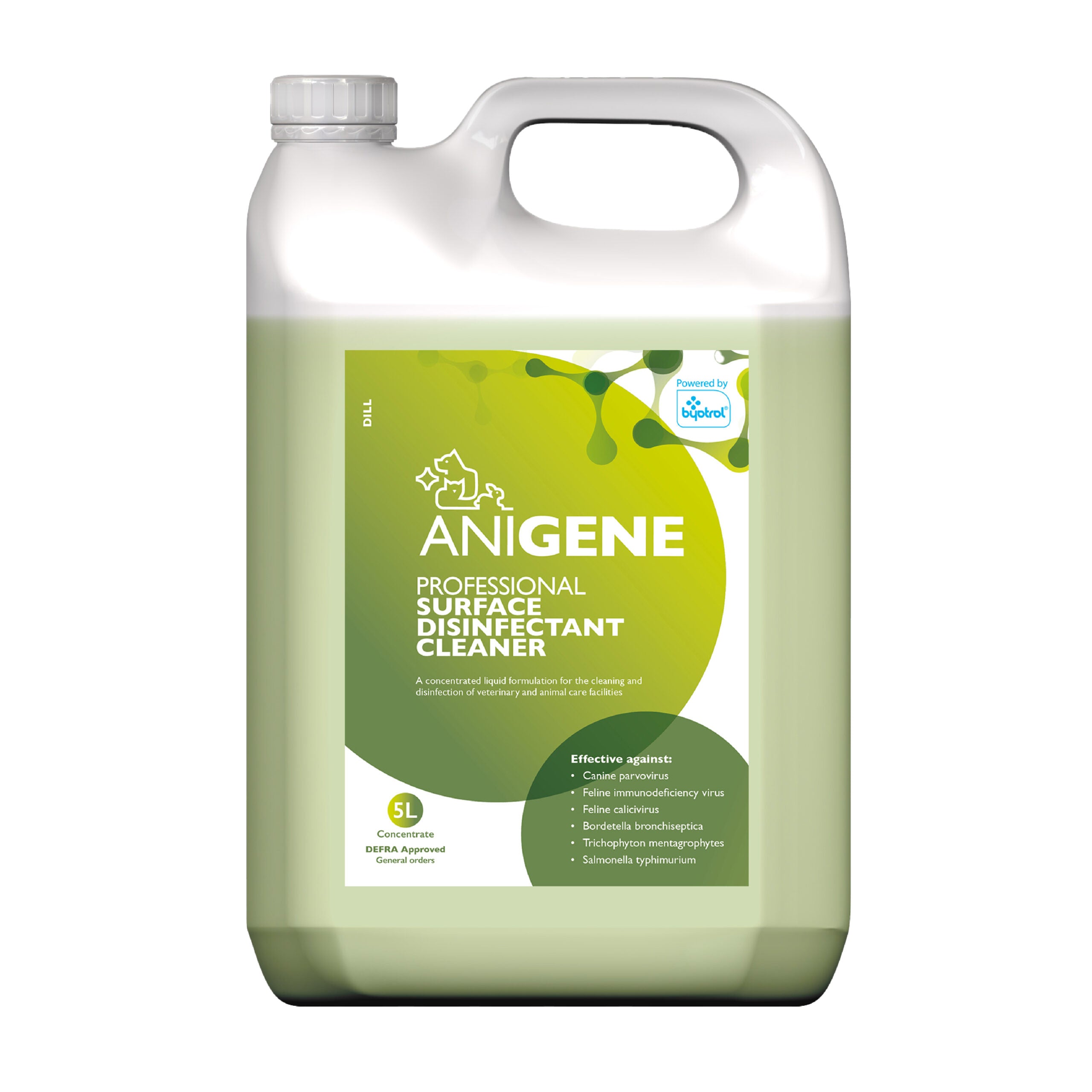 Anigene Professional Disinfectant Cleaner in Dill scent, 5-litre container, designed for veterinary cleaning and disinfection.